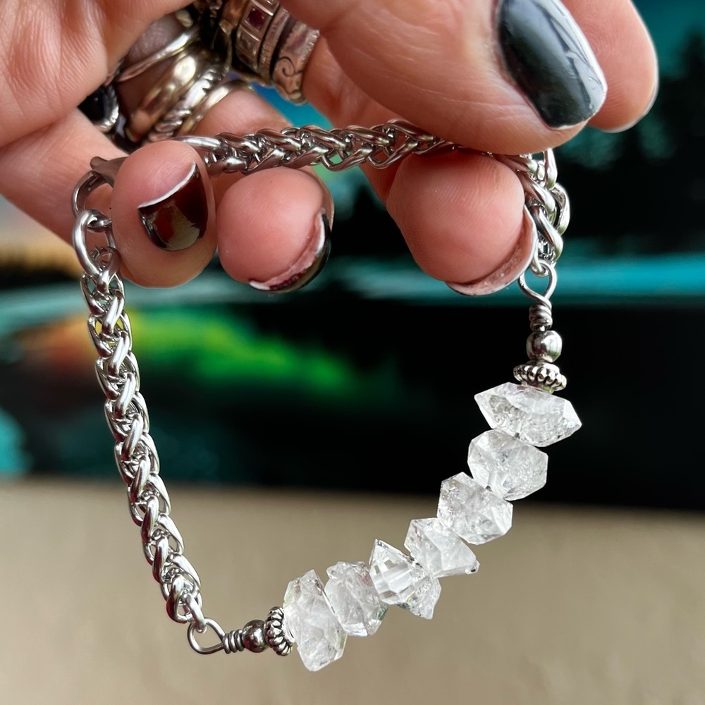✨ 7 big genuine herkimers diamonds stainless steel wheat chain crystal bracelet - Picture 9 of 14